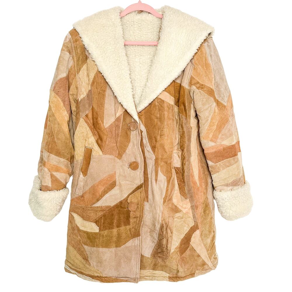Retro Vintage Leather Jacket Patchwork Fleece Lined Coat
